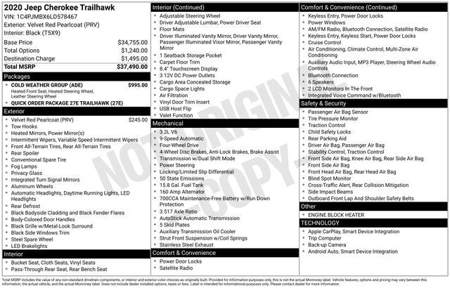 2020 Jeep Cherokee Trailhawk 3.2 Liter V6 4WD