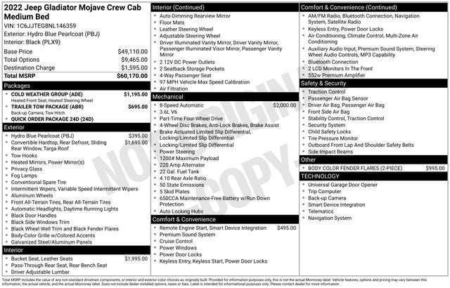 2022 Jeep Gladiator Mojave 3.6 Liter V6 Crew Cab Automatic 4WD