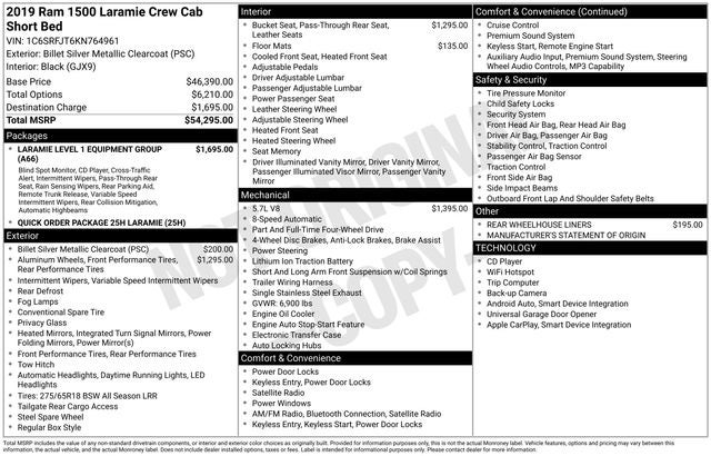 2019 RAM 1500 Laramie 5.7 Liter V8 Hemi Crew Cab 4WD