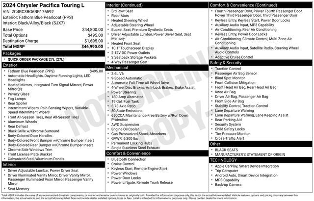 2024 Chrysler Pacifica Touring L 3.6 Liter V6 7 Passenger 3rd Row Seating AWD